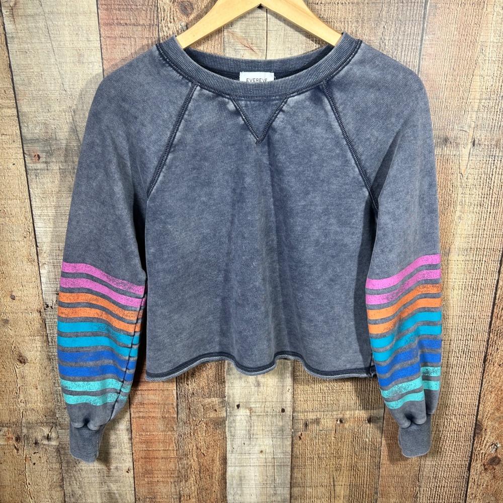 Evereve Beck Rainbow Stripe Sleeve Sweatshirt Gray Mineral Wash Cropped Top